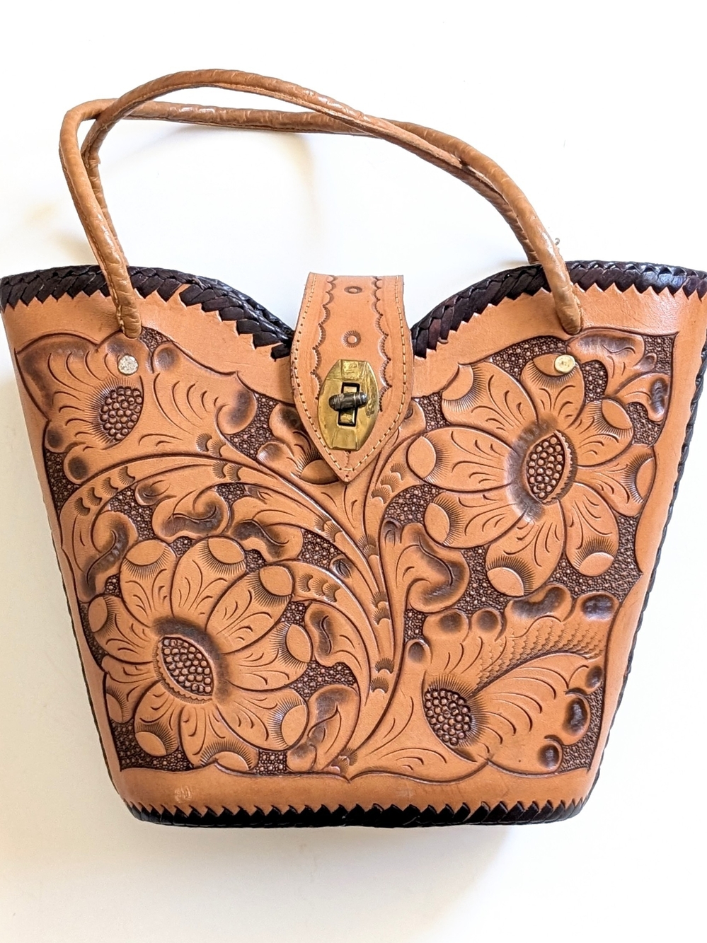 Hand-Tooled Mexican Floral Leather Tote Bag